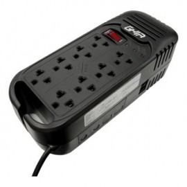 Regulador de voltaje GHIA GVR-020. Respalda hasta 8 dispositivos con un consumo en conjunto máximo de 2000VA/800 watts.