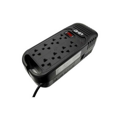 Regulador de voltaje GHIA GVR-020. Respalda hasta 8 dispositivos con un consumo en conjunto máximo de 2000VA/800 watts.