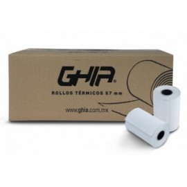 Caja de 50 rollos de papel térmico GHIA CTG574N. 57x40 mm. Para impresoras de 58mm. Reacción de color a negro.