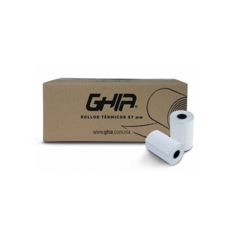 Caja de 50 rollos de papel térmico GHIA CTG574N. 57x40 mm. Para impresoras de 58mm. Reacción de color a negro.