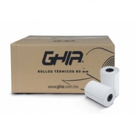 Caja de 50 rollos de papel térmico GHIA CTG80N. 80x70 mm. Para impresoras de 80mm. Reacción de color negro