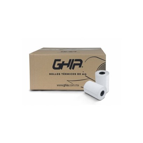Caja de 50 rollos de papel térmico GHIA CTG80N. 80x70 mm. Para impresoras de 80mm. Reacción de color negro