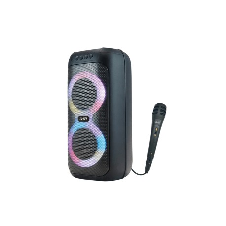 BAFLE GHIA AMPLIFICADO DOBLE BOCINA 4 PULG RECARGABLE /BT/USB/MIC/FM/ TWS/ LUZ LED SECUENCIAL
