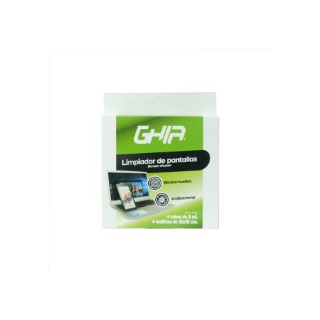 Kit de limpieza portátil para pantallas GHIA GLS-011. 4 sprays limpiadores + 4 toallas de microfibra.