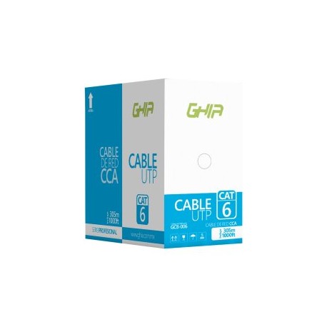 Bobina de cable Ghia GCB-006. Aluminio revestido de cobre UTP CAT6, 305 metros, Calibre 23AWG. Color azul