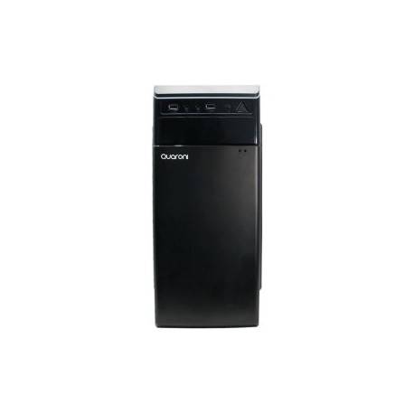 Gabinete media torre QUARONI QCHT-02. Frente de plástico color negro con acabado liso, encendido y puertos frontales. Compatibl