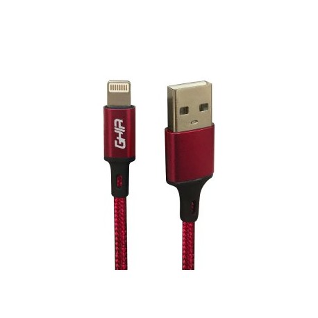 Cable de datos GHIA GAC-193R. Tipo Lightning, longitud de 1 metro, fabricación en nylon, color rojo.