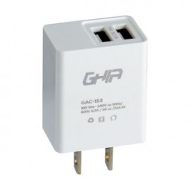Cargador de pared GHIA GAC-153. Carga 2 dispositivos a la vez, Conexión USB 2.1A/1.0A
