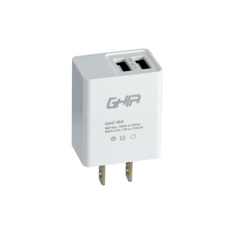 Cargador de pared GHIA GAC-153. Carga 2 dispositivos a la vez, Conexión USB 2.1A/1.0A
