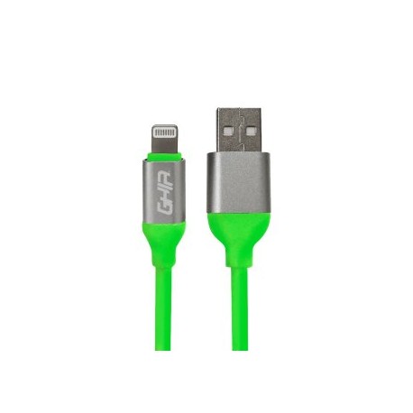 Cable de datos GHIA GAC-196V. Tipo Lightning, longitud de 1 metro, fabricación en plastico, color verde.