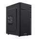 Gabinete Quaroni QCMT-05. Frente de ABS color negro con franja tipo fibra de carbono. Incluye Fuente de poder de 500W