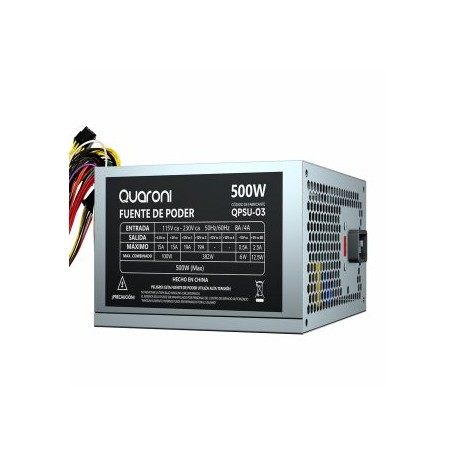 Fuente de poder Quaroni QPSU-02. Potencia hasta 600W, ventilador 12 cm, conexión a MoBo 20+4 pines, 2 SATA