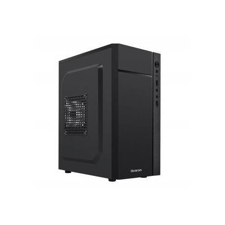 Gabinete Quaroni QCMT-05. Frente de ABS color negro con franja tipo fibra de carbono. Incluye Fuente de poder de 500W
